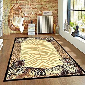 Leopard Animal Skin Print with Tiger Border Area Rug (5’ 3” x 7’ 5”)