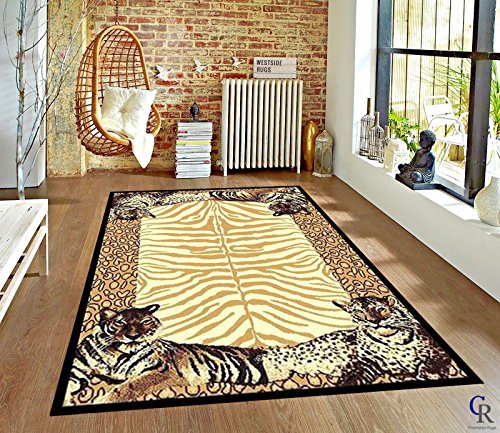 Leopard Animal Skin Print with Tiger Border Area Rug (5’ 3” x 7’ 5”)