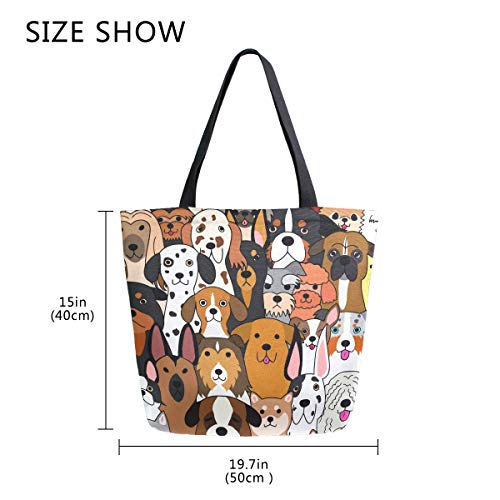 ALAZA Large Canvas Tote Bag Cute Doodle Dog Print Animal Shopping Shoulder Handbag with Small Zippered Pocket