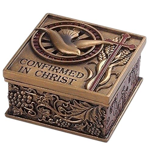 Confirmed In Christ Dove Bronze Tone 2.75 x 2.75 Resin Stone Memory Trinket Box