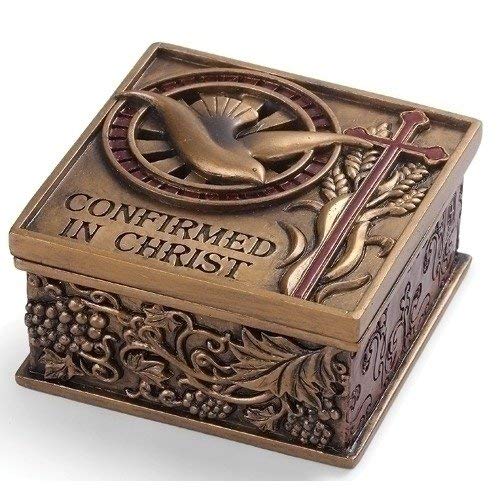 Confirmed In Christ Dove Bronze Tone 2.75 x 2.75 Resin Stone Memory Trinket Box