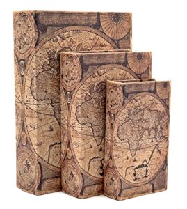 bellaa 28052 decorative book box globe boho farmhouse cottage country home decor old world map antiques vintage retro invisible secret storage faux leather wood magnetic brown set of 3