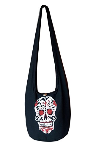 BTP! Skull Punk Rock Hippie Hobo Thai Cotton Sling Crossbody Bag Messenger Purse (Sugar Skull SK10)