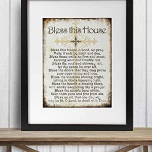 "Bless This House, O Lord, We Pray- Distressed Parchment Print- 8 x 10" Wall Art- Ready to Frame. Traditional Script Design-Home Décor- Kitchen Décor- Christian Gifts. Inspirational Prayer For All.