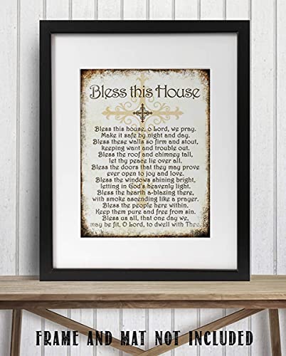 "Bless This House, O Lord, We Pray- Distressed Parchment Print- 8 x 10" Wall Art- Ready to Frame. Traditional Script Design-Home Décor- Kitchen Décor- Christian Gifts. Inspirational Prayer For All.