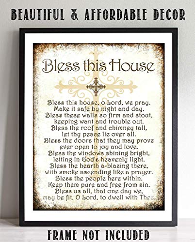 "Bless This House, O Lord, We Pray- Distressed Parchment Print- 8 x 10" Wall Art- Ready to Frame. Traditional Script Design-Home Décor- Kitchen Décor- Christian Gifts. Inspirational Prayer For All.