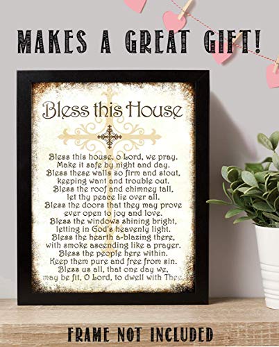 "Bless This House, O Lord, We Pray- Distressed Parchment Print- 8 x 10" Wall Art- Ready to Frame. Traditional Script Design-Home Décor- Kitchen Décor- Christian Gifts. Inspirational Prayer For All.