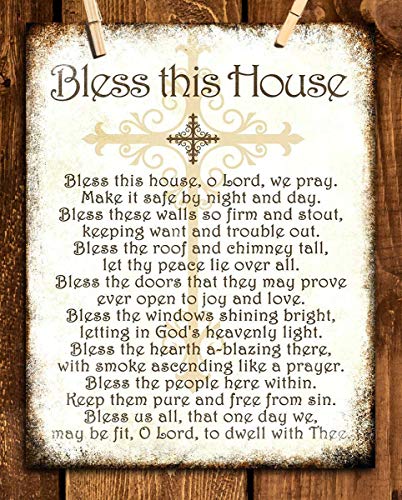 "Bless This House, O Lord, We Pray- Distressed Parchment Print- 8 x 10" Wall Art- Ready to Frame. Traditional Script Design-Home Décor- Kitchen Décor- Christian Gifts. Inspirational Prayer For All.