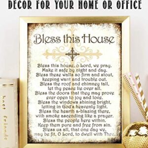 "Bless This House, O Lord, We Pray- Distressed Parchment Print- 8 x 10" Wall Art- Ready to Frame. Traditional Script Design-Home Décor- Kitchen Décor- Christian Gifts. Inspirational Prayer For All.