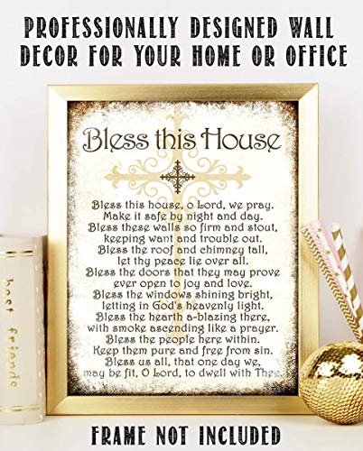 "Bless This House, O Lord, We Pray- Distressed Parchment Print- 8 x 10" Wall Art- Ready to Frame. Traditional Script Design-Home Décor- Kitchen Décor- Christian Gifts. Inspirational Prayer For All.