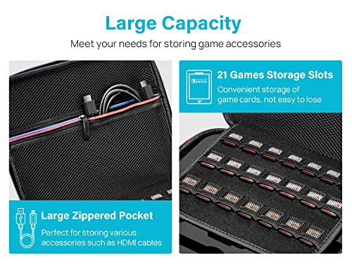 Kootek Carrying Case for Nintendo Switch and Switch OLED Model 2021, Hard Shell Travel Cases with 21 Games Storage Slots, Shoulder Strap, Storage for Switch Console, Pro Controller, Switch Dock