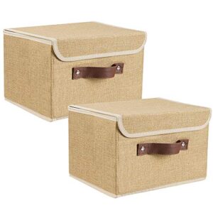 lucky monet 2 pack linen fabric foldable storage bin set collapsible storage box cube closet organizer with lid & faux leather handle, 10”x8”x7” (khaki)