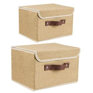 Lucky Monet 2 Pack Linen Fabric Foldable Storage Bin Set Collapsible Storage Box Cube Closet Organizer with Lid & Faux Leather Handle, 10”x8”x7” (Khaki)