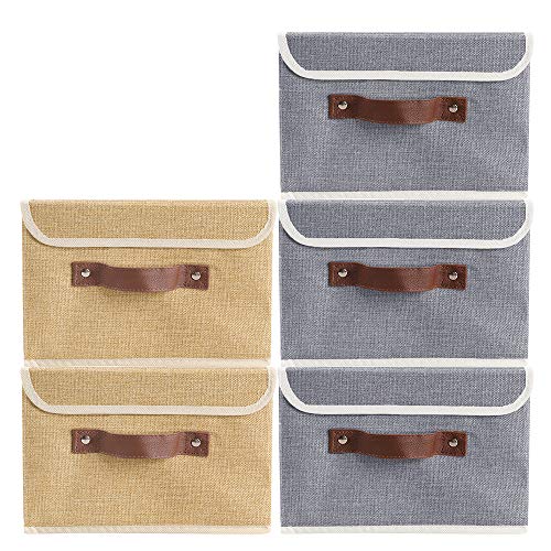 Lucky Monet 2 Pack Linen Fabric Foldable Storage Bin Set Collapsible Storage Box Cube Closet Organizer with Lid & Faux Leather Handle, 10”x8”x7” (Khaki)