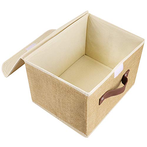 Lucky Monet 2 Pack Linen Fabric Foldable Storage Bin Set Collapsible Storage Box Cube Closet Organizer with Lid & Faux Leather Handle, 10”x8”x7” (Khaki)