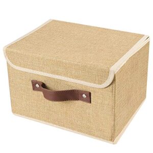 Lucky Monet 2 Pack Linen Fabric Foldable Storage Bin Set Collapsible Storage Box Cube Closet Organizer with Lid & Faux Leather Handle, 10”x8”x7” (Khaki)