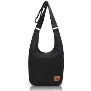 hippie crossbody bag top zip retro canvas sling bag jacquard cloth handmade bags (black)