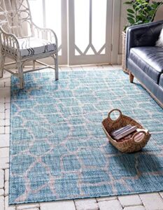 unique loom outdoor safari collection transitional indoor & outdoor wildlife inspired animal print with giraffe design area rug, 8 ft x 11 ft 4 in, aqua blue/ivory