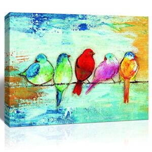 loomarte bird pictures wall decor five singing birds oil painting canvas print artwork abstract painting walls art for home bathroom bedroom kitchen living room ready to hang, framed 12×16 inch panel