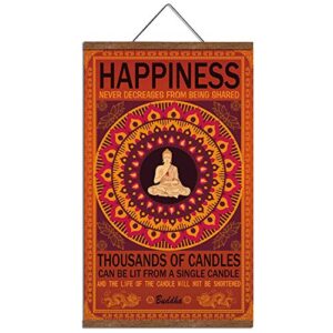 Buddha Wall Art Zen Decor Printed on Canvas with Scroll Wood Frame Hanger Poster Happiness Quote Motivational Home Decor Hanging Painting 15.7 x 27 inch… (buddha happiness)