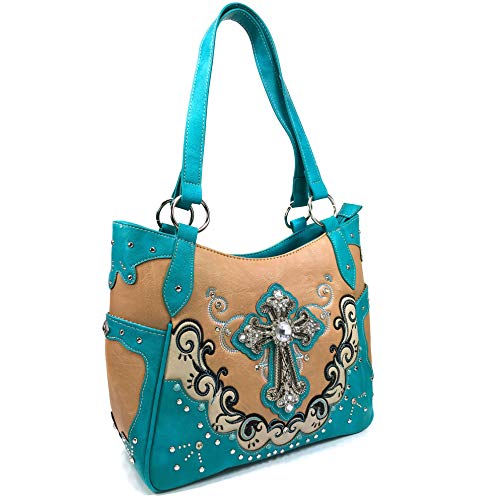 Zelris Western Silver Cross Turquoise Conceal Carry Women Tote Purse Wallet Set (Tan)