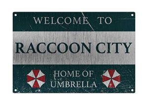 metal tin sign personalized vintage resident welcome to raccoon city, home of umberella sign, style metal aluminum sign for wall decor 8×12 inch