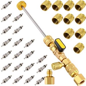 mudder r22 r134a r12 a/c hvac valve core removal tool compatible with dual size 1/4 & 5/16 port, r410 r32 brass adapter, 20 pcs cores and 10 pcs brass nut hvac valve core removal installer tool kit