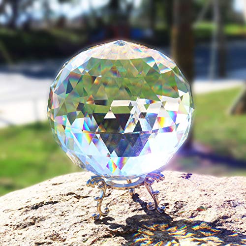H&D Clear Cut Crystal Glass Ball, 100mm Translucent Faceted Gazing Ball, Crystal Sphere Prisms Suncatcher Home Hotel Decor