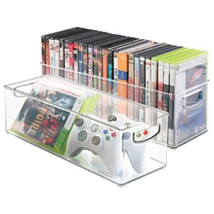 mdesign plastic video game organizer – game storage holder bin with handles for media console stand, closet shelf, cabinets, tower, and bookshelves – holds disc, video games, head sets – 2 pack, clear