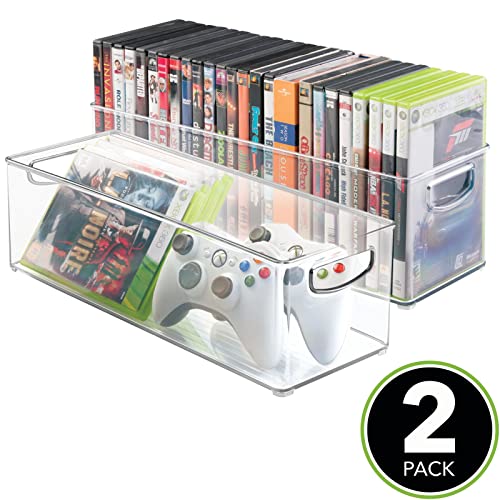 mDesign Plastic Video Game Organizer - Game Storage Holder Bin with Handles for Media Console Stand, Closet Shelf, Cabinets, Tower, and Bookshelves - Holds Disc, Video Games, Head Sets - 2 Pack, Clear