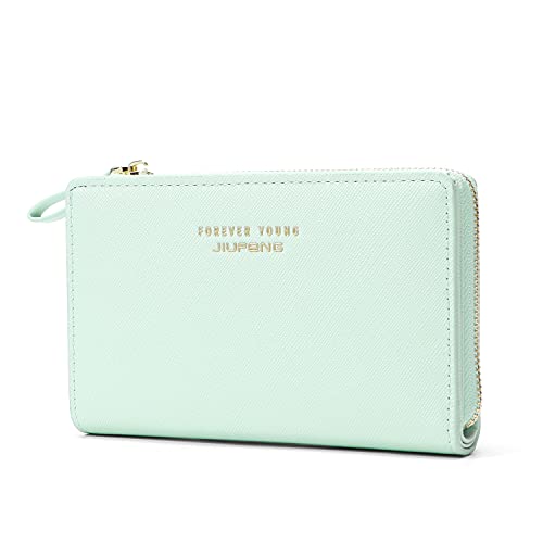 JIUFENG Women Zipper Wallet RFID Blocking Multi Purpose Coin Pouches Credit Card Holder Short Purses (Light Green)