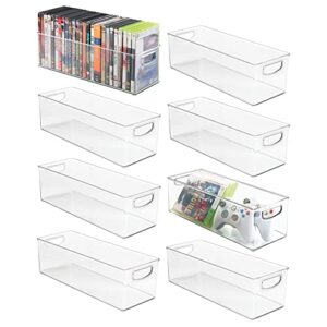 mdesign plastic video game organizer – game storage holder bin with handles for media console stand, closet shelf, tower, and bookshelves – holds disc, video games, head sets – 8 pack – clear