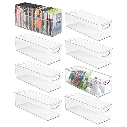 mDesign Plastic Video Game Organizer - Game Storage Holder Bin with Handles for Media Console Stand, Closet Shelf, Tower, and Bookshelves - Holds Disc, Video Games, Head Sets - 8 Pack - Clear