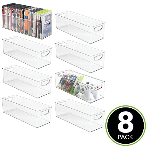 mDesign Plastic Video Game Organizer - Game Storage Holder Bin with Handles for Media Console Stand, Closet Shelf, Tower, and Bookshelves - Holds Disc, Video Games, Head Sets - 8 Pack - Clear