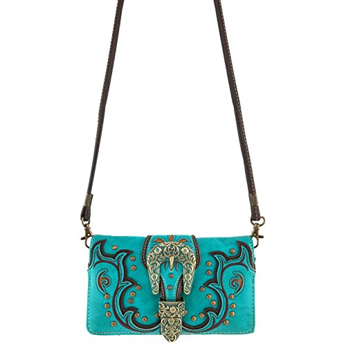 Justin West Patina Girl Western Bronze Floral Buckle Handbag Purse Tote and Strap Wallet (Turquoise Handbag and Wallet)