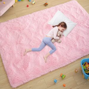 ultra soft pink rugs for bedroom 4×6 feet, fluffy shag area rugs for living room, large comfy furry rug for girls kids baby room decor, non slip nursery rug modern indoor fuzzy floor carpet
