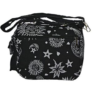 sun moon stars and planets celestial hippie boho crossbody single shoulder bag (black)