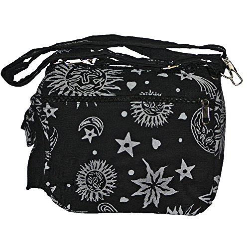 Sun Moon Stars and Planets Celestial Hippie Boho Crossbody Single Shoulder Bag (Black)