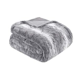 madison park zuri soft plush luxury oversized faux fur throw animal stripes design, faux mink on the reverse, modern cold weather blanket for bed, sofa couch, 60×70″, grey