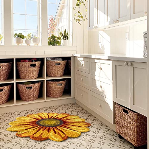 Sunflower Rug for Kitchen Bathroom Bedroom Living Room - Hand Woven Round Flower Floor Mat Modern Area Rugs Runner, Yellow