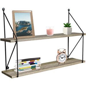 Sorbus® Floating Shelf with Metal Brackets — Wall Mounted Rustic Wood Wall Storage, Decorative Hanging Display for Trophy, Photo Frames, Collectibles, and Much More (2-Tier – Grey)