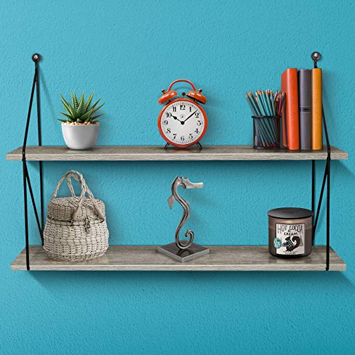 Sorbus® Floating Shelf with Metal Brackets — Wall Mounted Rustic Wood Wall Storage, Decorative Hanging Display for Trophy, Photo Frames, Collectibles, and Much More (2-Tier – Grey)