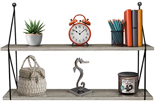 Sorbus® Floating Shelf with Metal Brackets — Wall Mounted Rustic Wood Wall Storage, Decorative Hanging Display for Trophy, Photo Frames, Collectibles, and Much More (2-Tier – Grey)