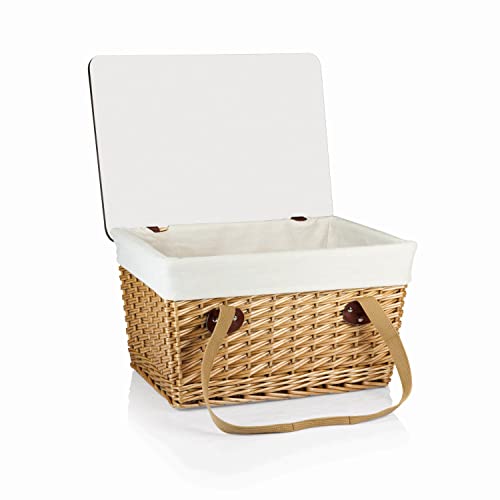 PICNIC TIME Canasta Wicker, Picnic Basket for 2, 18.9 x 13.8 x 11, Beige Canvas With Brown Lid