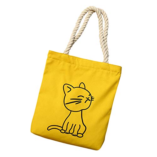 Zipper Canvas Tote Bag with Inner Pocket, Portable and Ecofriendly, Cat-yellow, 14.6" x 13.6" x 2?