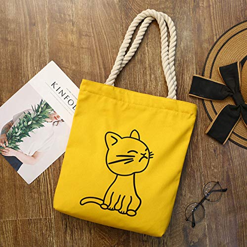 Zipper Canvas Tote Bag with Inner Pocket, Portable and Ecofriendly, Cat-yellow, 14.6" x 13.6" x 2?