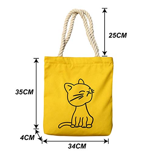 Zipper Canvas Tote Bag with Inner Pocket, Portable and Ecofriendly, Cat-yellow, 14.6" x 13.6" x 2?