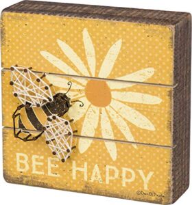 primitives by kathy slat string art box sign, 6″” x 6″”, bee happy (35313)