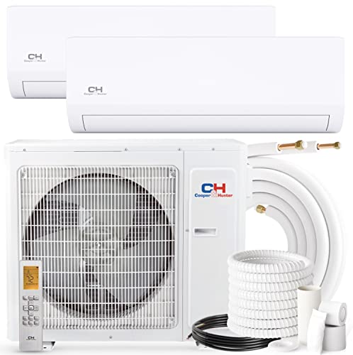 Cooper & Hunter Dual Zone 9,000 + 12,000 BTU Ductless Mini Split AC/Heating System, Pre-Charged, Heat Pump, 21.3 SEER Including 25FT Copper Line Set And Communication Wires