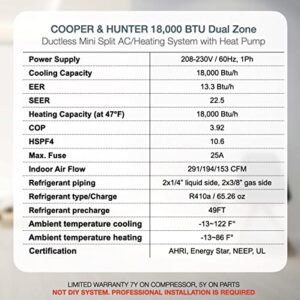 Cooper & Hunter Dual Zone 9,000 + 12,000 BTU Ductless Mini Split AC/Heating System, Pre-Charged, Heat Pump, 21.3 SEER Including 25FT Copper Line Set And Communication Wires